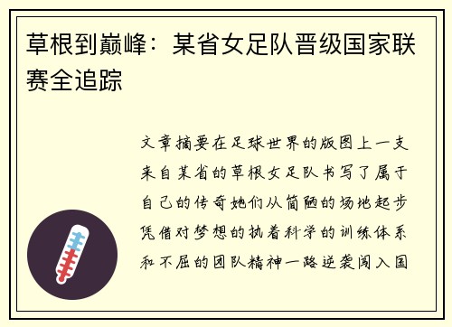 草根到巅峰：某省女足队晋级国家联赛全追踪